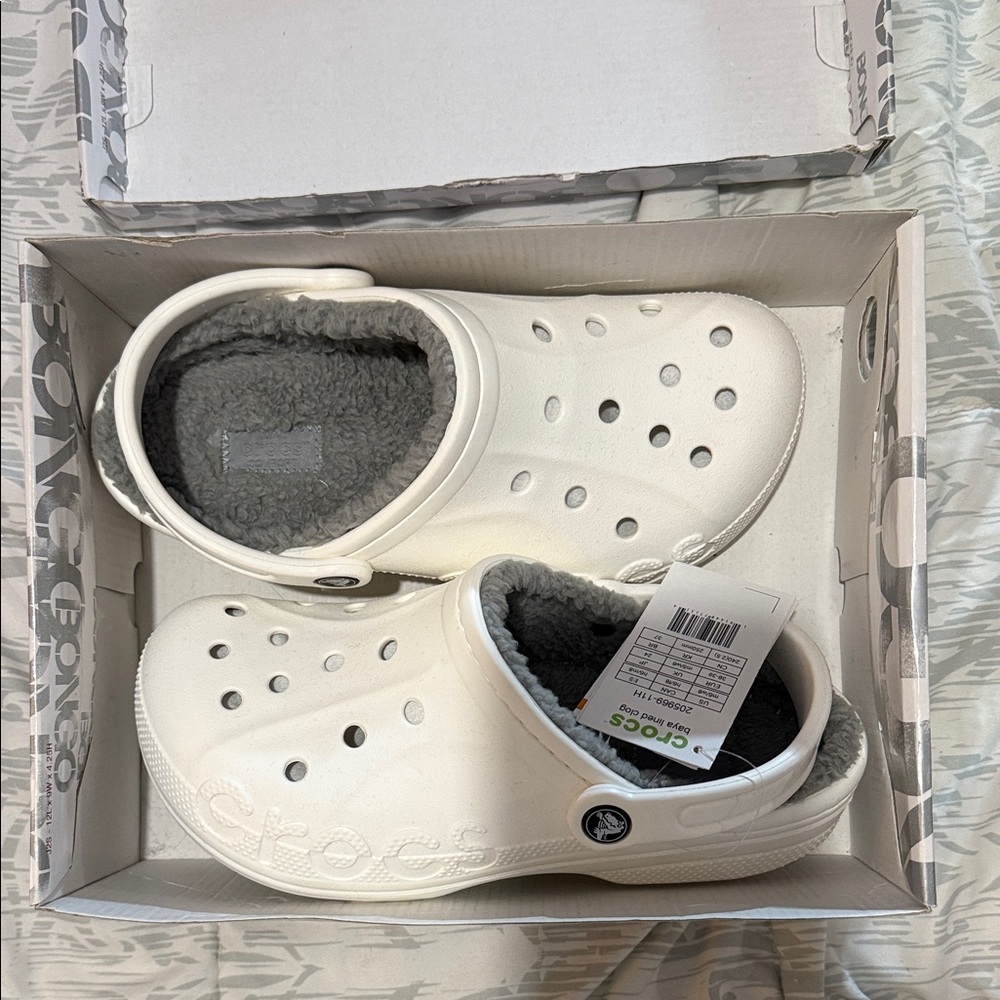 CROCS Lined Slippers - White and Gray: Women’s Size 8, Mens Size 6. NEVER WORN.